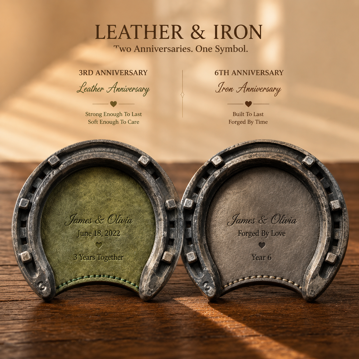 Personalized Leather & Iron Horseshoe Coaster, product overview