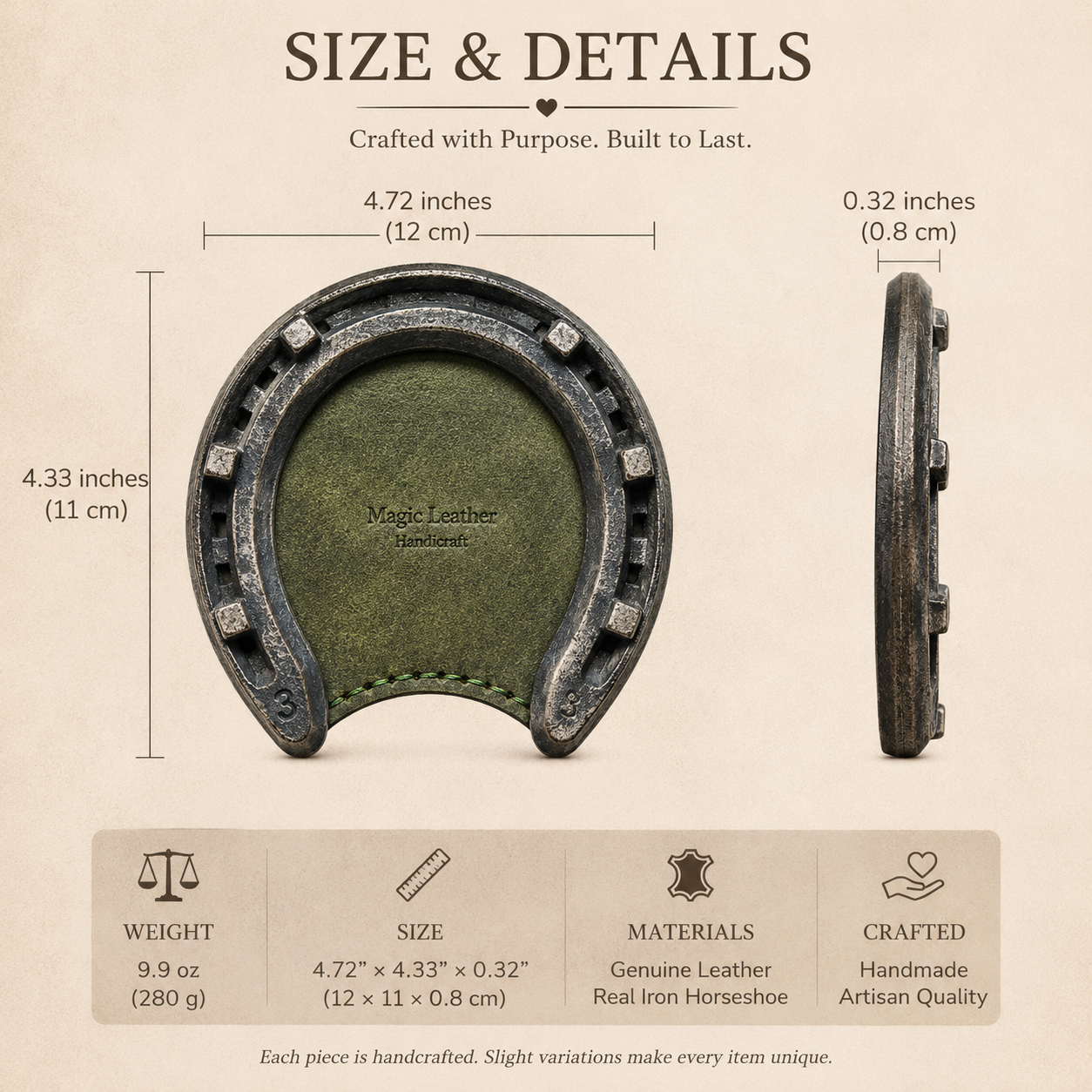 Personalized Leather & Iron Horseshoe Coaster, close-up detail