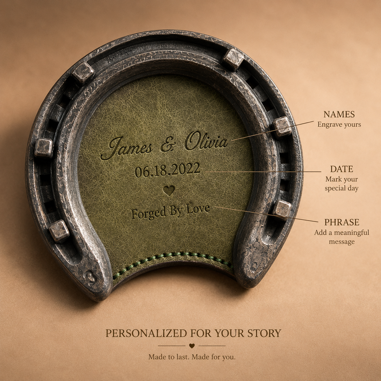 Personalized Leather & Iron Horseshoe Coaster, size and feature guide