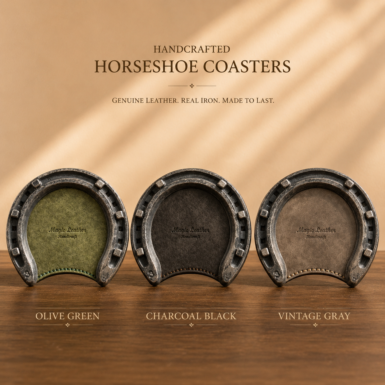 Personalized Leather & Iron Horseshoe Coaster, craftsmanship details