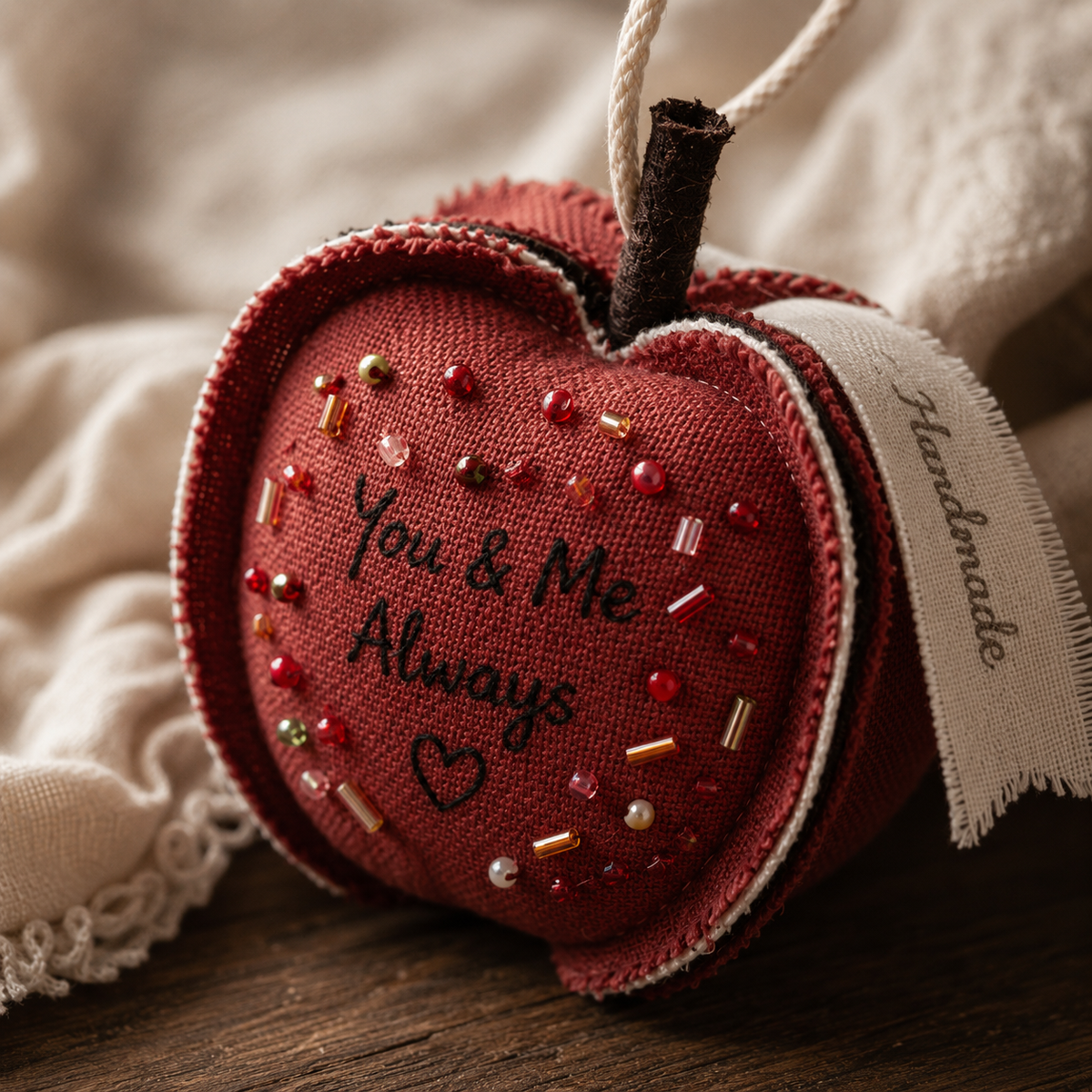 Personalized Linen Apple Ornament, close-up detail