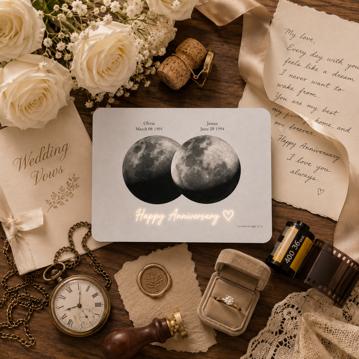 Personalized overlapping double moon phase hidden message film card romantic flat lay on dark walnut surface surrounded