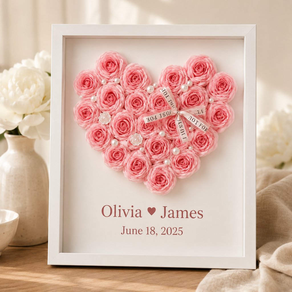 Close-up of personalized blush pink paper rose heart shadow box frame with ivory pearl accents and satin ribbon bow