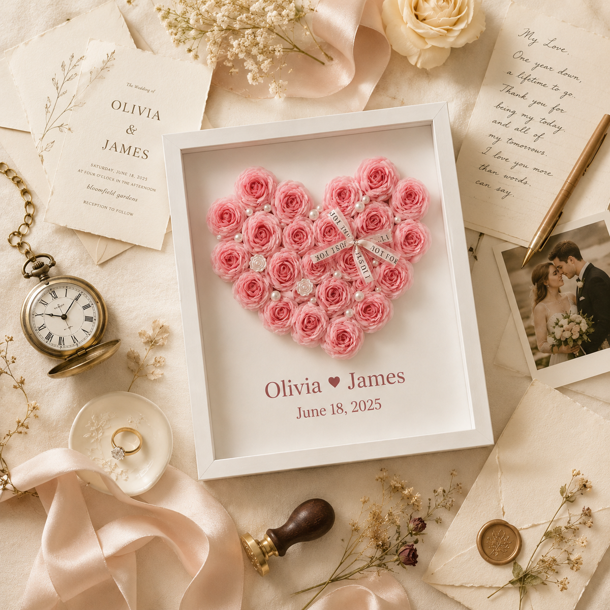 Personalized paper rose heart frame displayed on a walnut sideboard beside a champagne flute white candle and wedding