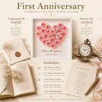 First anniversary infographic showing traditional paper gift and modern clock symbol with a personalized blush pink