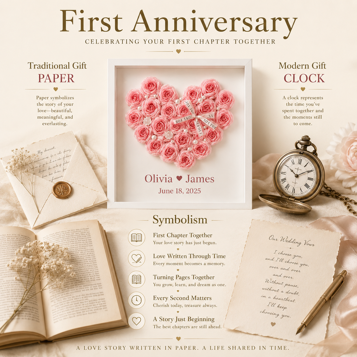 First anniversary infographic showing traditional paper gift and modern clock symbol with a personalized blush pink