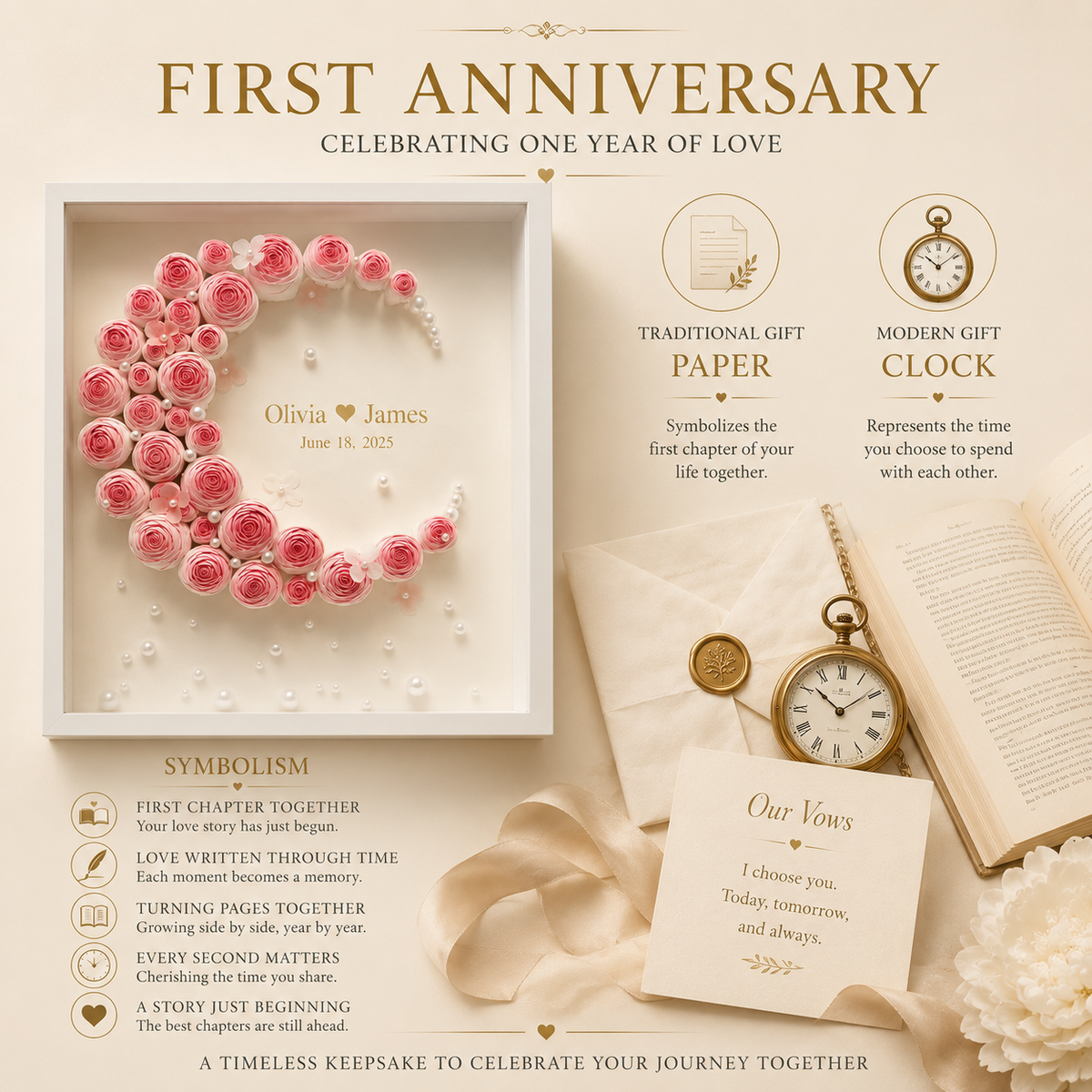 First anniversary infographic showing traditional paper gift and modern clock symbol alongside personalized paper rose