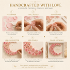 Six-step handcrafted process infographic showing how blush pink paper roses are cut rolled shaped arranged into a