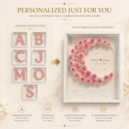 Personalization guide showing available monogram letter options A B C J M O S with arrow pointing to finished