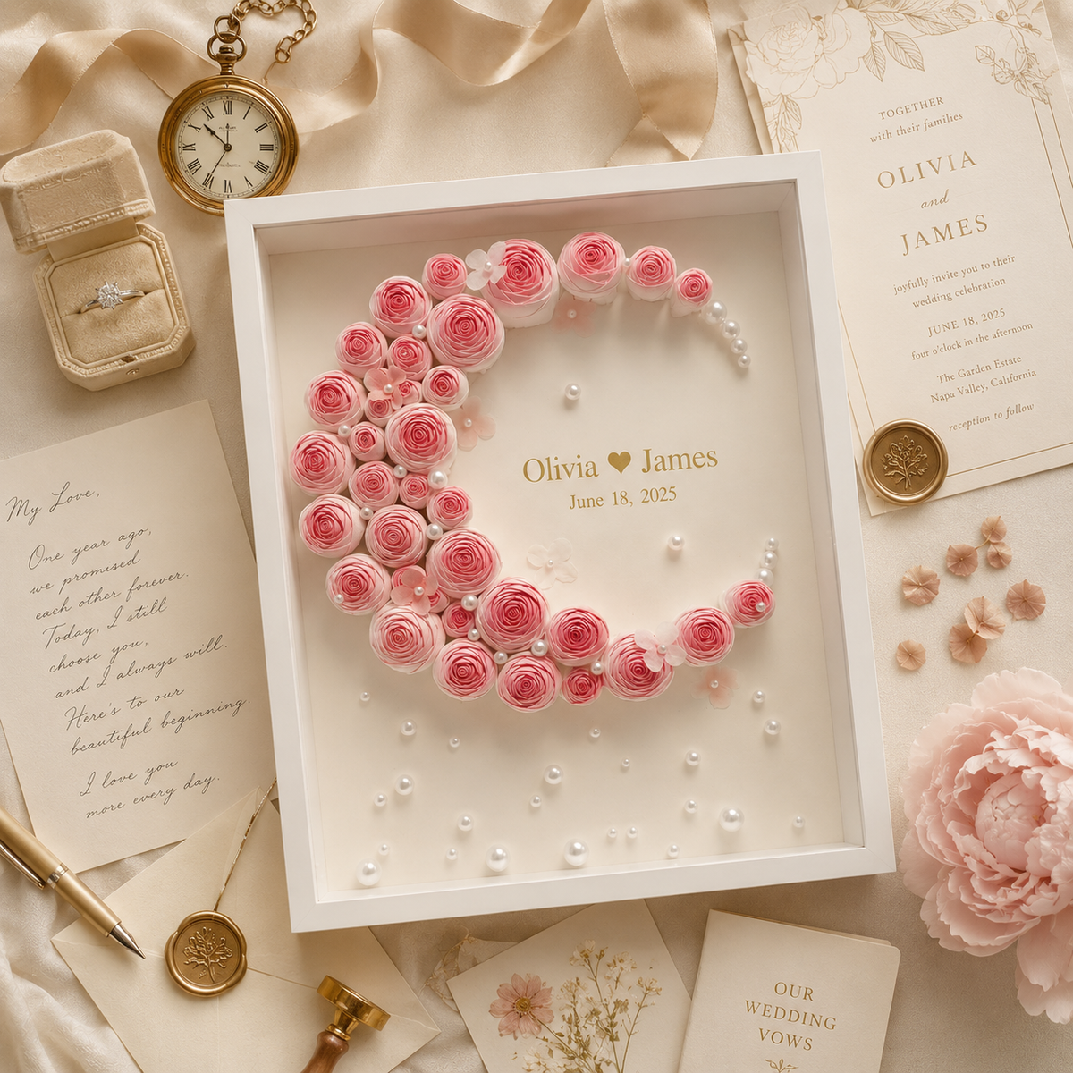 Romantic flat lay of personalized paper rose monogram shadow box surrounded by wedding invitation handwritten love