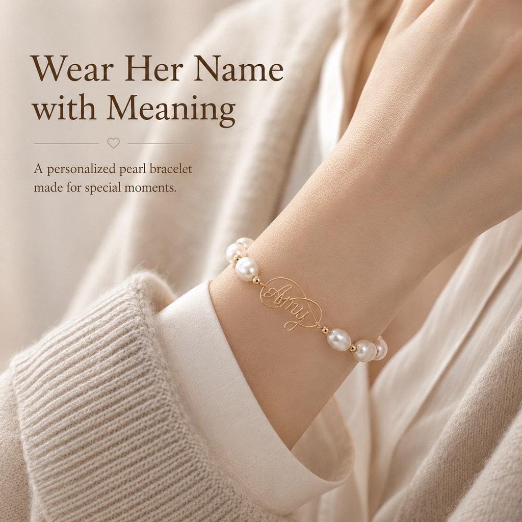 Personalized Pearl Name Bracelet – Custom Name Bracelet with Natural Baroque Pearls, shown worn for scale and styling