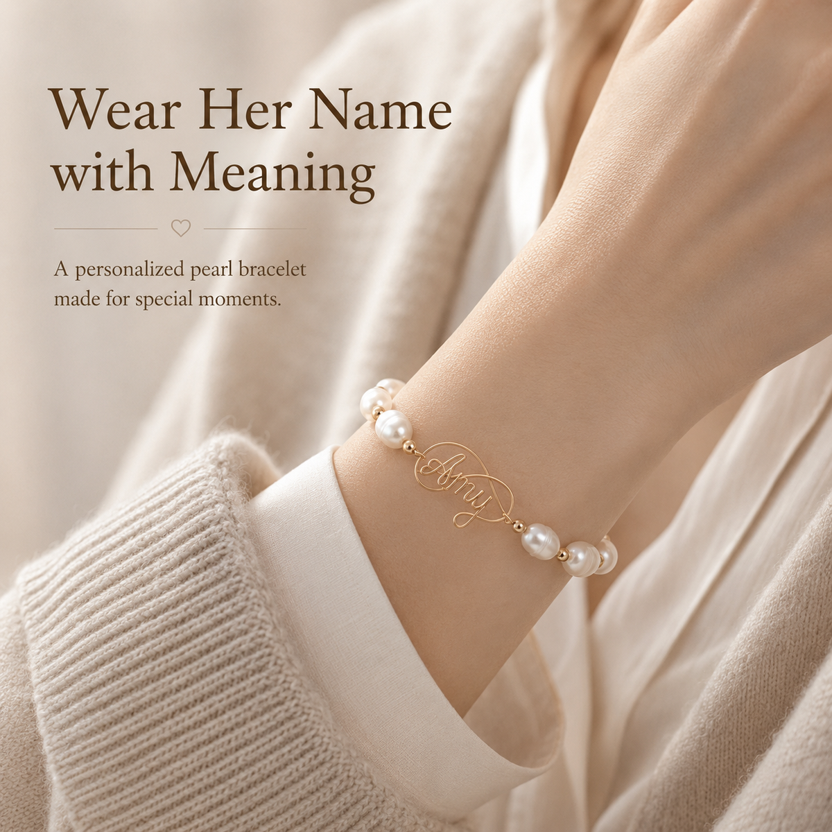 Personalized Pearl Name Bracelet – Custom Name Bracelet with Natural Baroque Pearls, shown worn for scale and styling