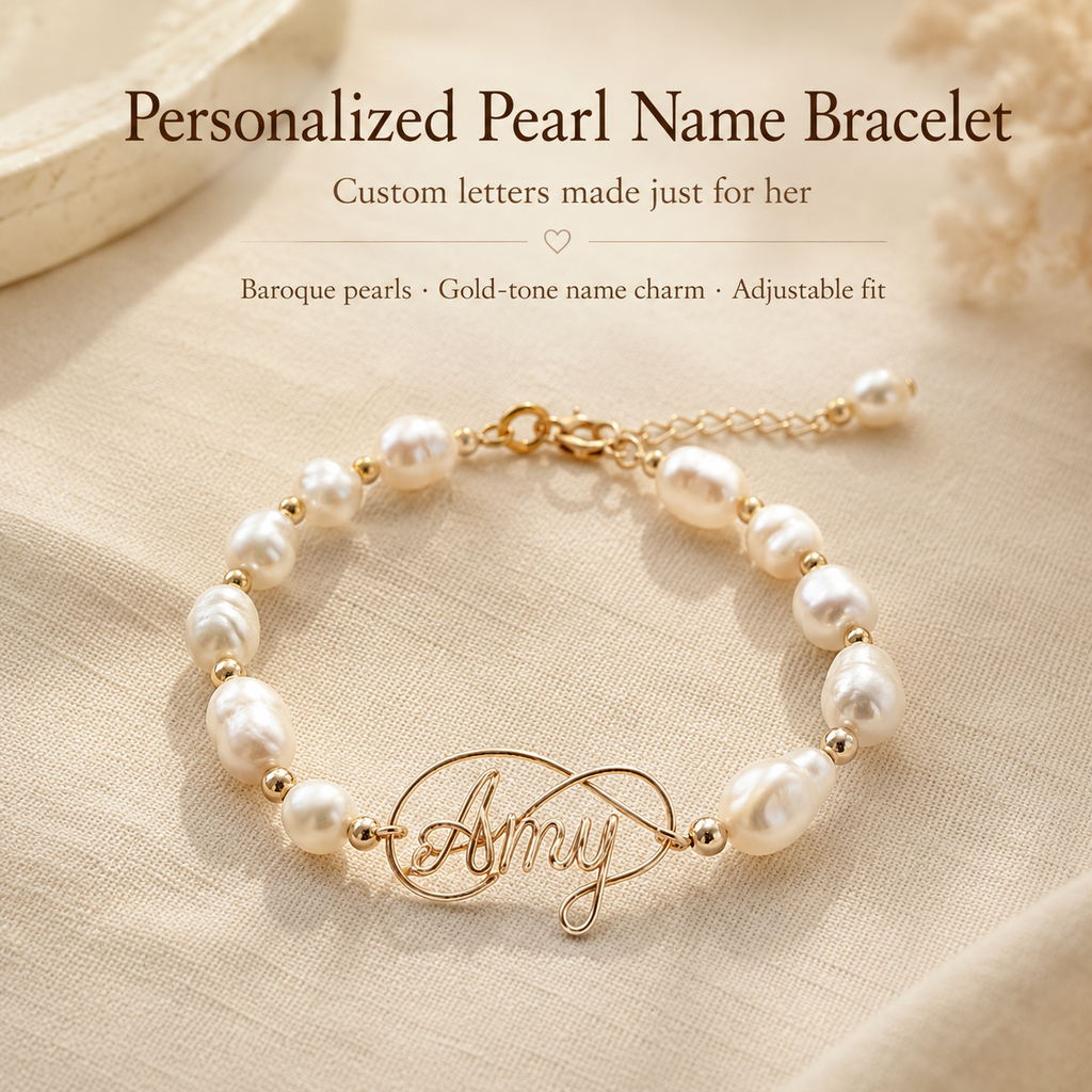 Personalized Pearl Name Bracelet – Custom Name Bracelet with Natural Baroque Pearls, product view on a neutral background