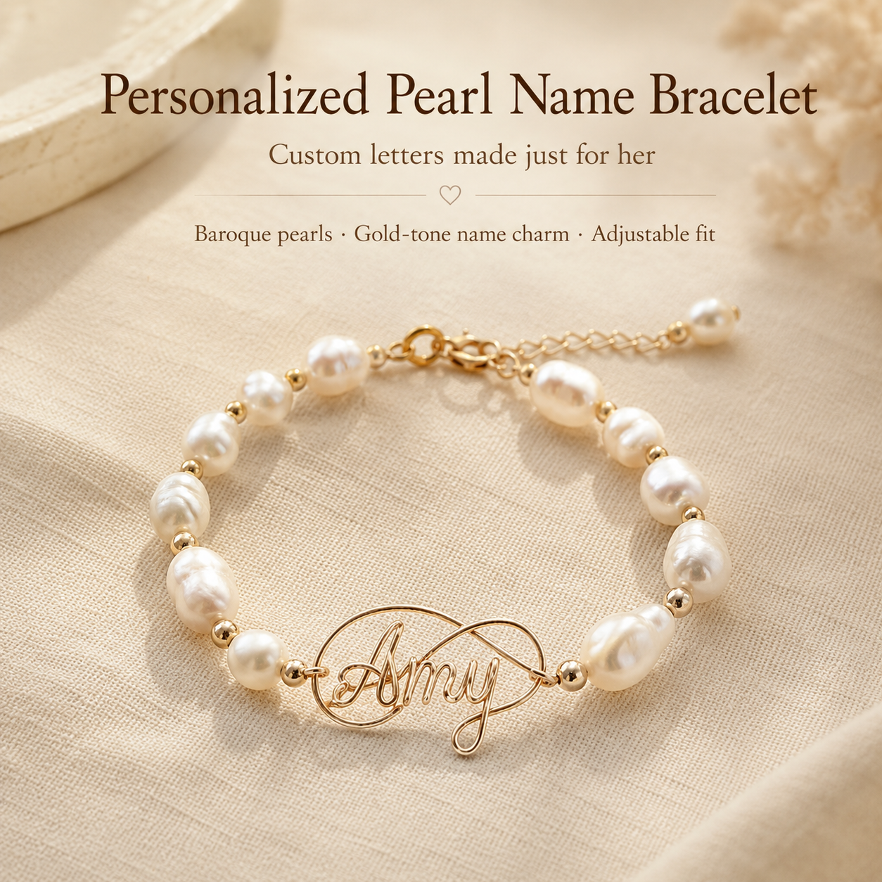 Personalized Pearl Name Bracelet – Custom Name Bracelet with Natural Baroque Pearls, product view on a neutral background