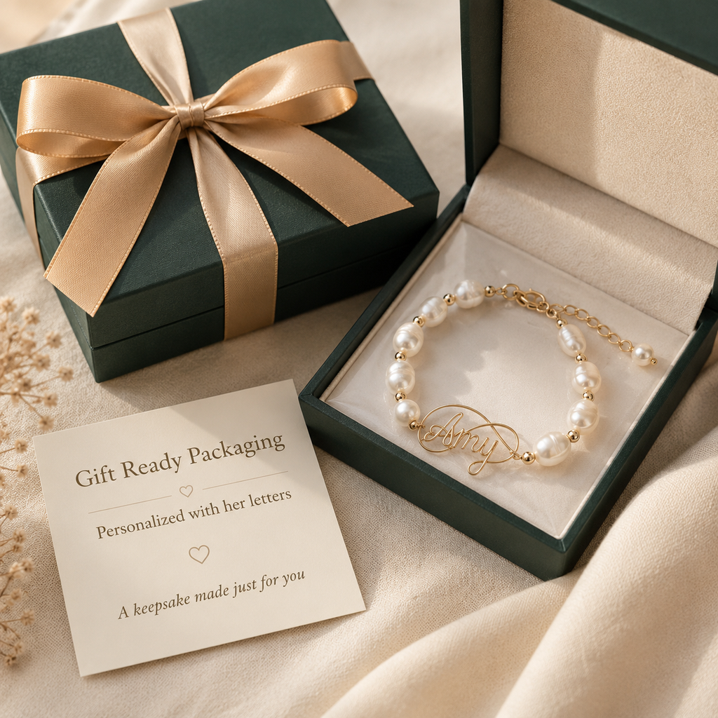 Personalized Pearl Name Bracelet – Custom Name Bracelet with Natural Baroque Pearls, presented with its gift box and...