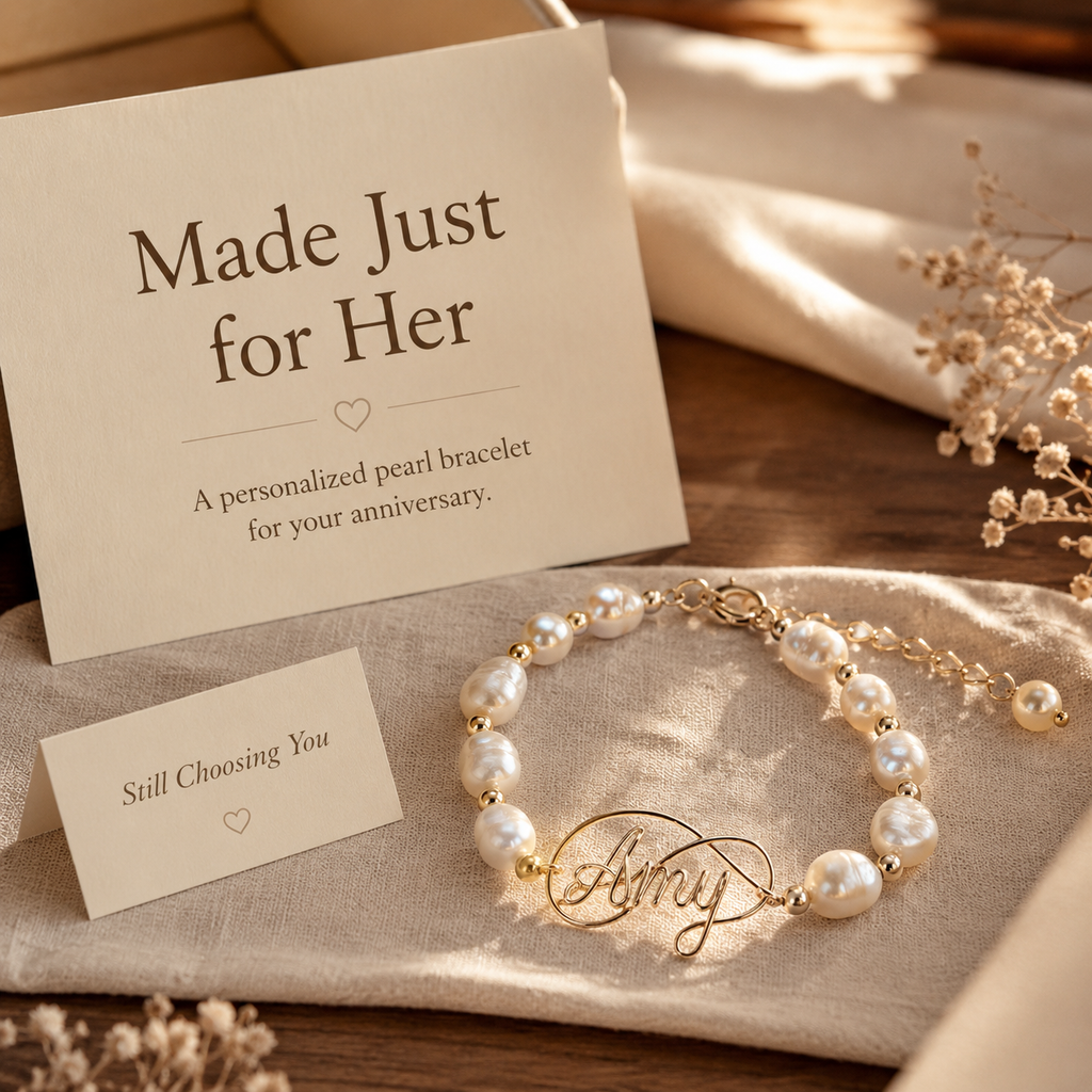 Personalized Pearl Name Bracelet – Custom Name Bracelet with Natural Baroque Pearls, styled product scene with...