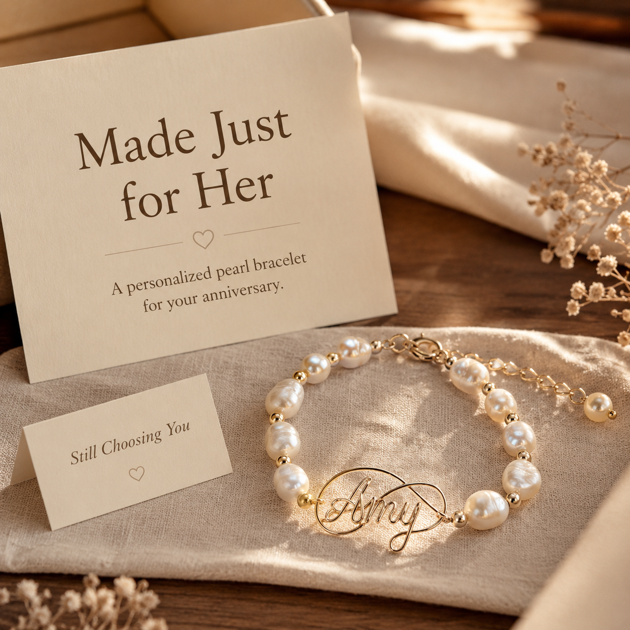 Personalized Pearl Name Bracelet – Custom Name Bracelet with Natural Baroque Pearls, styled product scene with...
