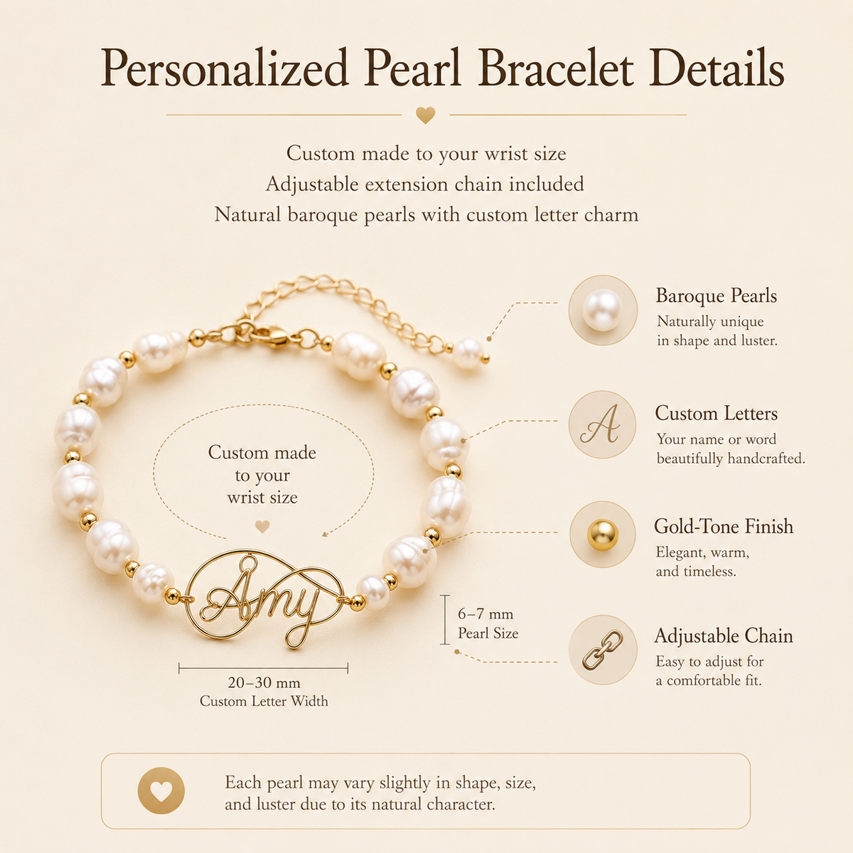 Personalized Pearl Name Bracelet – Custom Name Bracelet with Natural Baroque Pearls, detail infographic showing materials...