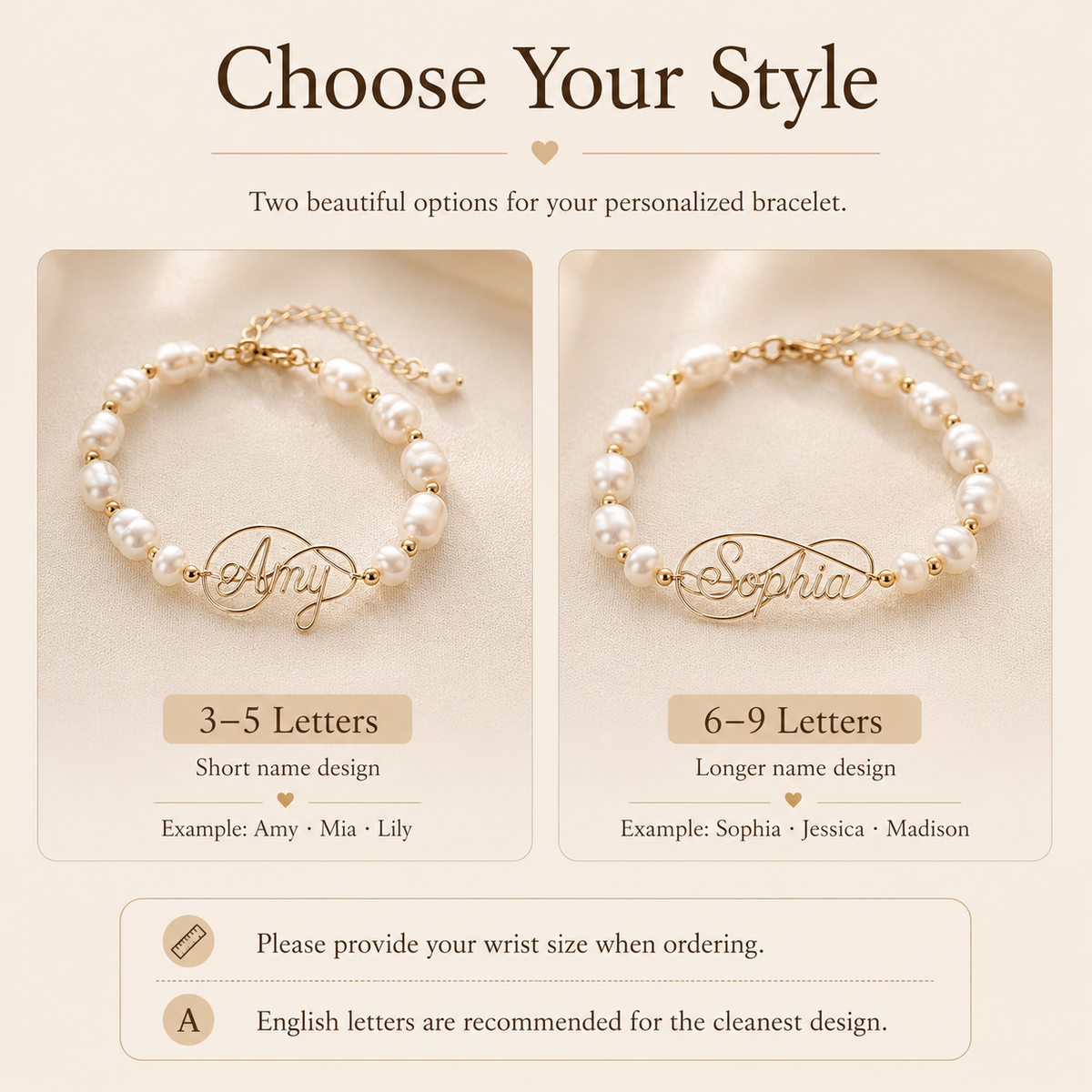 Personalized Pearl Name Bracelet – Custom Name Bracelet with Natural Baroque Pearls, available color or style options
