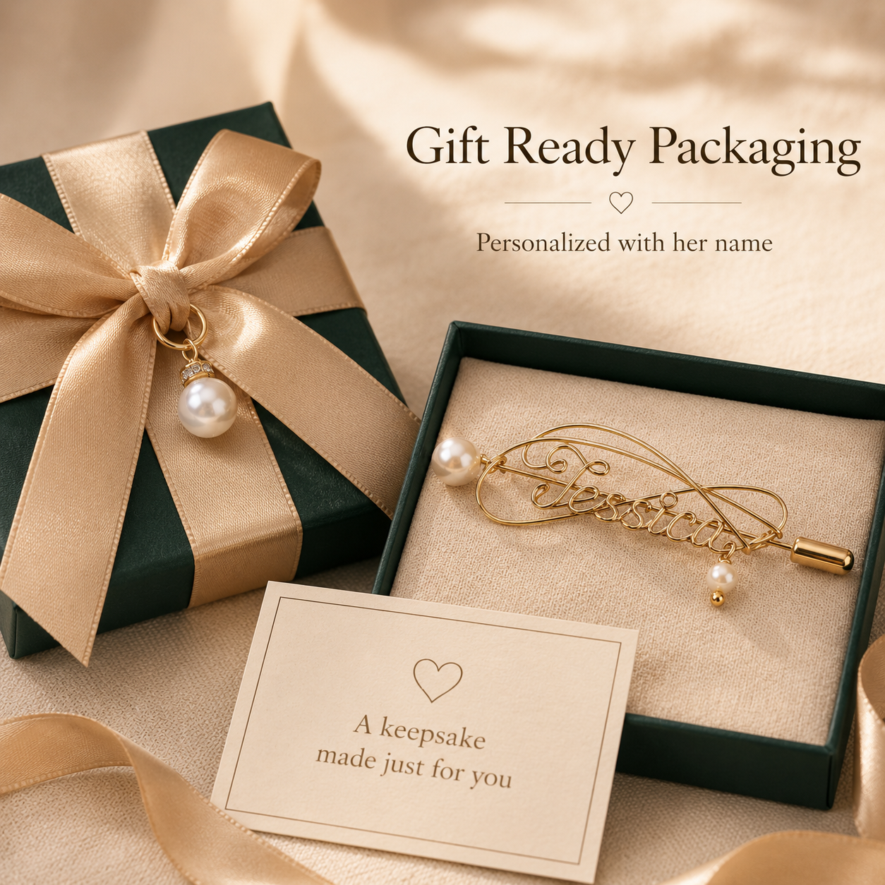 Personalized Pearl Name Brooch – Custom Gold-Tone Name Pin with Pearl Accent, presented with its gift box and accessories