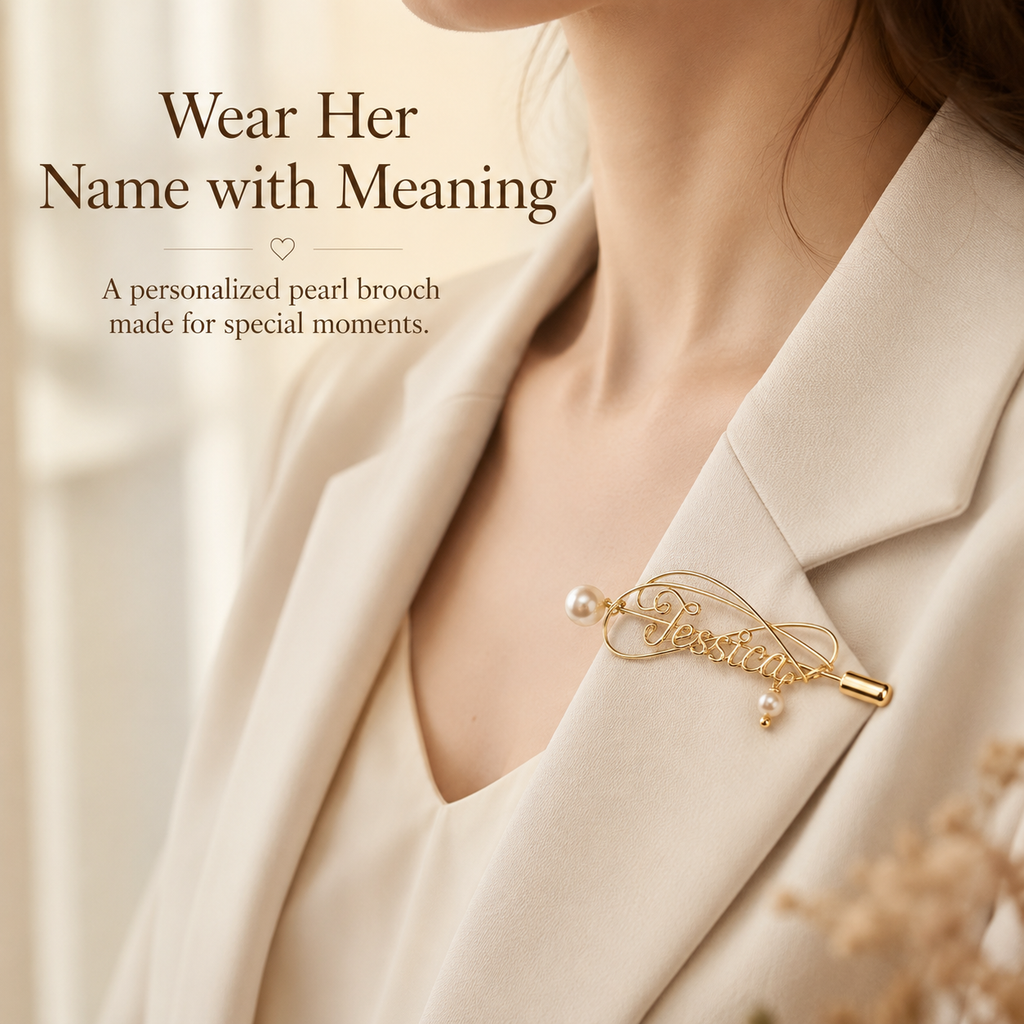 Personalized Pearl Name Brooch – Custom Gold-Tone Name Pin with Pearl Accent, shown worn for scale and styling