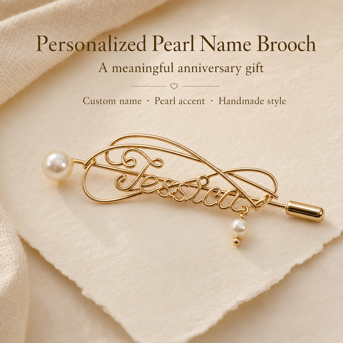 Personalized Pearl Name Brooch – Custom Gold-Tone Name Pin with Pearl Accent, product view on a neutral background