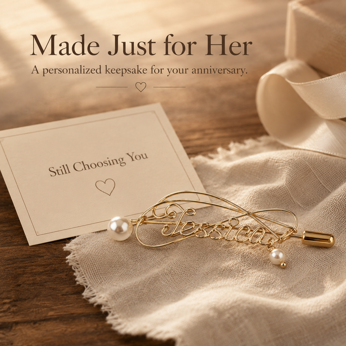 Personalized Pearl Name Brooch – Custom Gold-Tone Name Pin with Pearl Accent, styled product scene with...