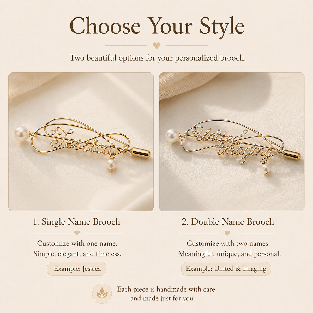 Personalized Pearl Name Brooch – Custom Gold-Tone Name Pin with Pearl Accent, available color or style options