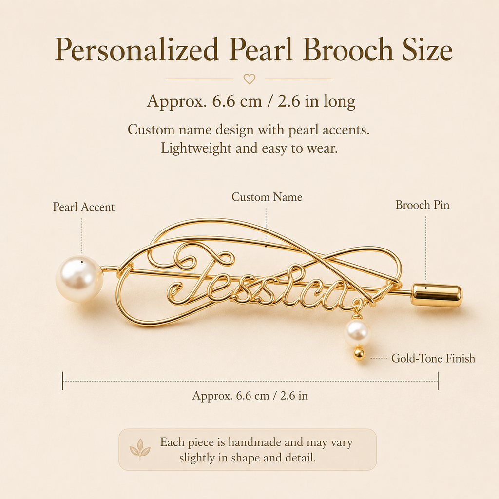 Personalized Pearl Name Brooch – Custom Gold-Tone Name Pin with Pearl Accent, size and dimensions infographic