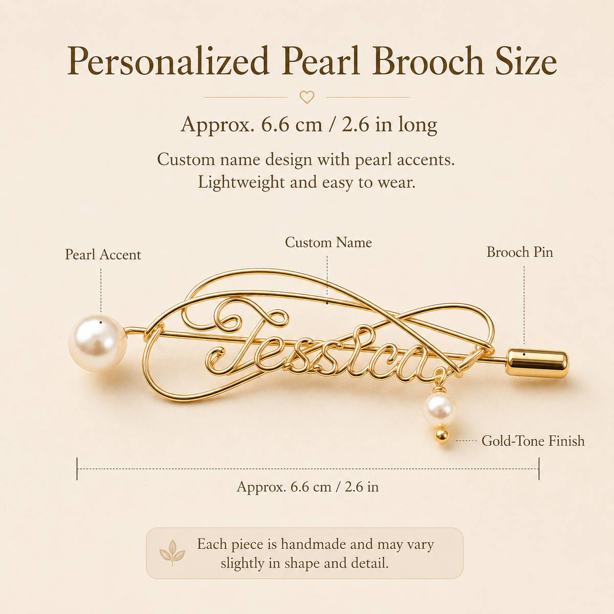 Personalized Pearl Name Brooch – Custom Gold-Tone Name Pin with Pearl Accent, size and dimensions infographic