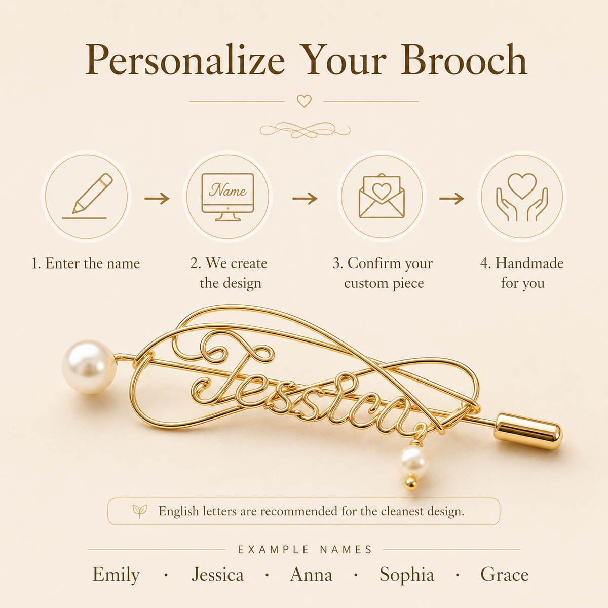 Personalized Pearl Name Brooch – Custom Gold-Tone Name Pin with Pearl Accent, customization or crafting process infographic