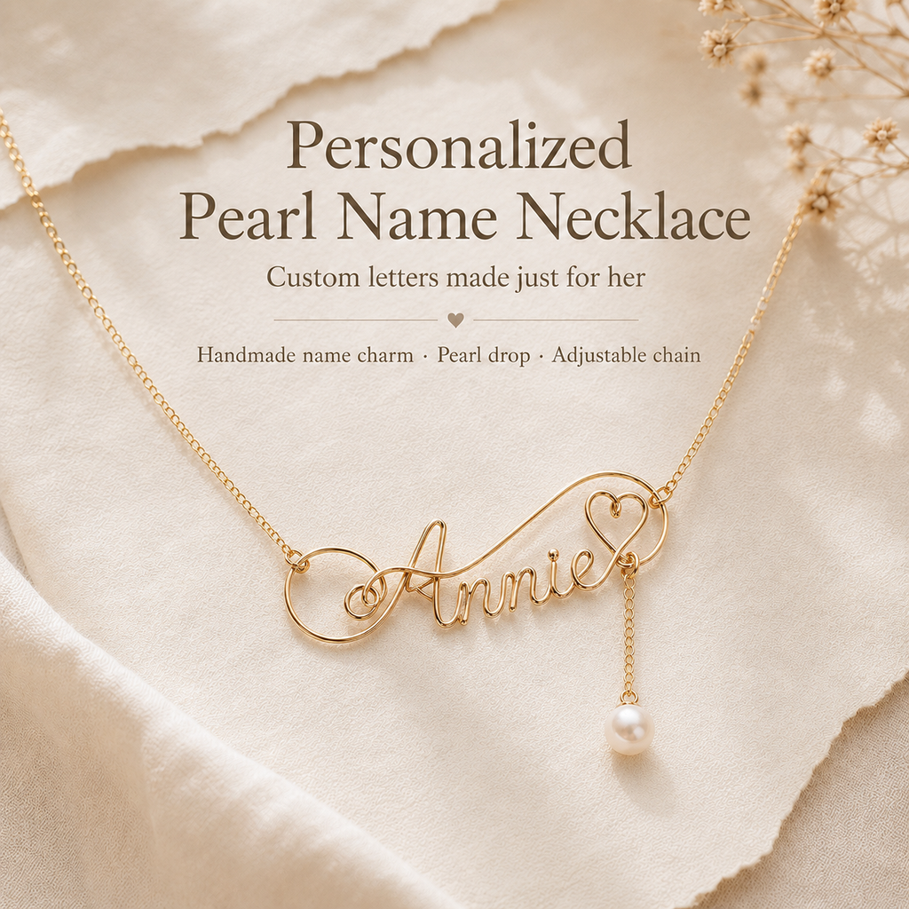 Personalized Pearl Name Necklace – Custom Gold-Tone Name Charm with Pearl Drop, product view on a neutral background