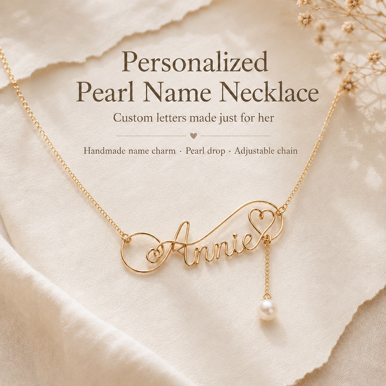 Personalized Pearl Name Necklace – Custom Gold-Tone Name Charm with Pearl Drop, product view on a neutral background
