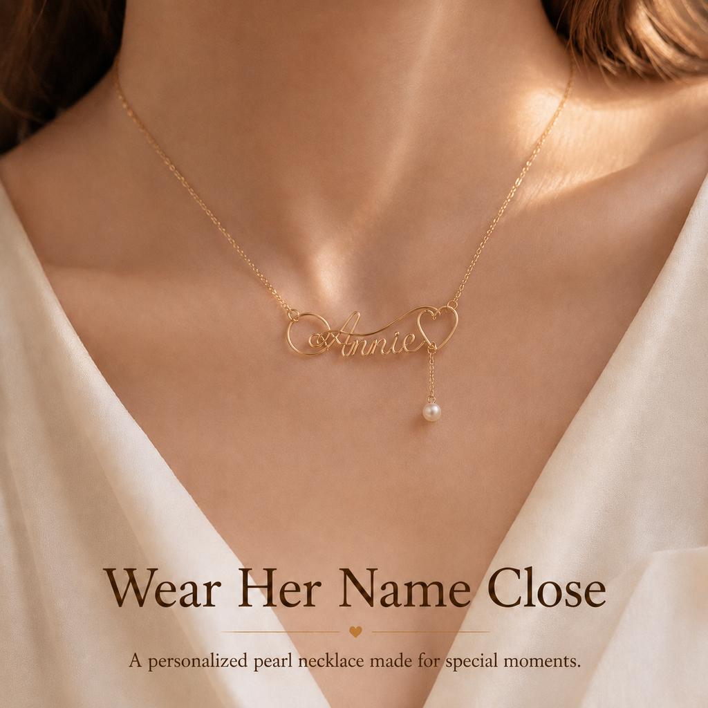 Personalized Pearl Name Necklace – Custom Gold-Tone Name Charm with Pearl Drop, shown worn for scale and styling