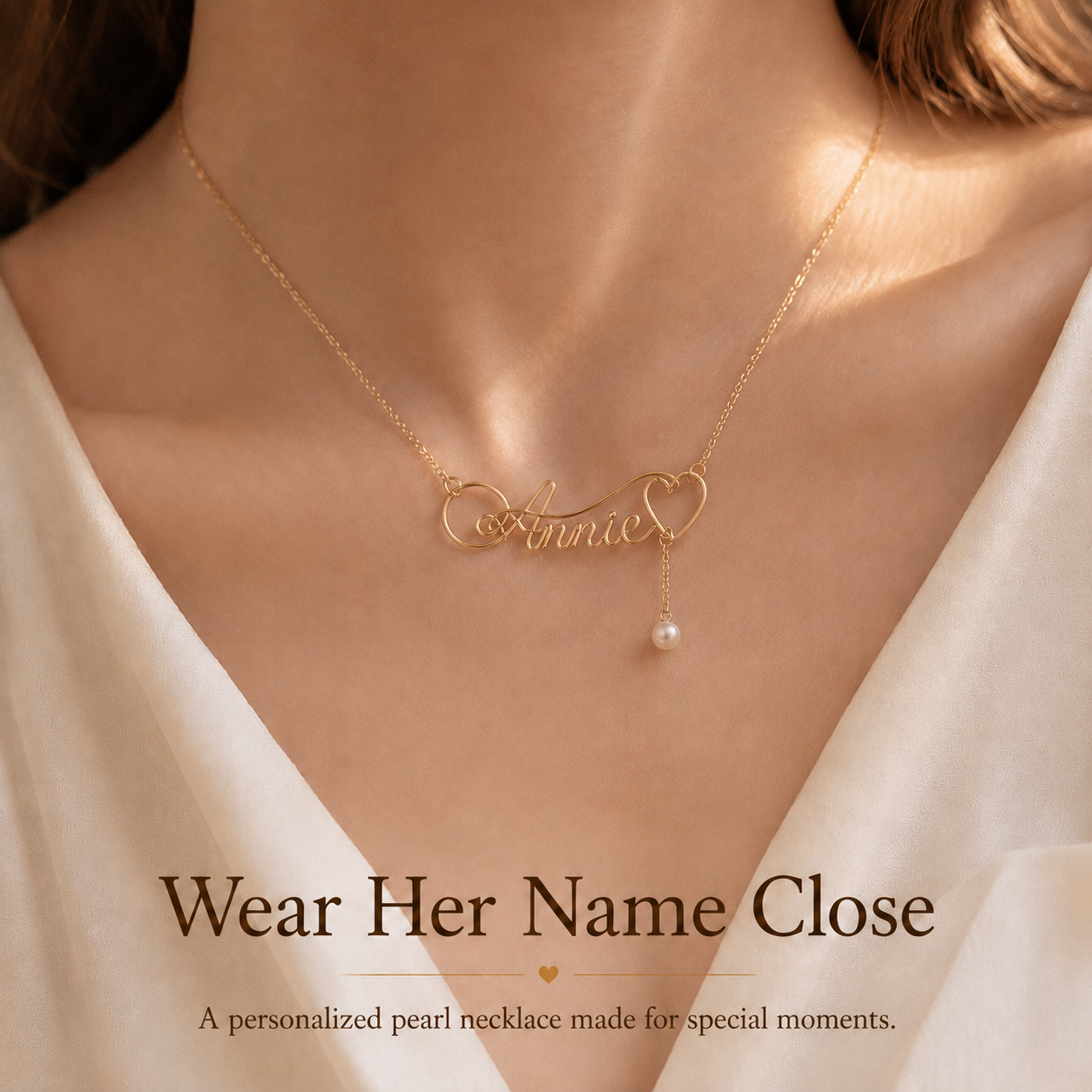 Personalized Pearl Name Necklace – Custom Gold-Tone Name Charm with Pearl Drop, shown worn for scale and styling