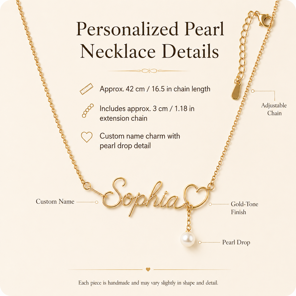 Personalized Pearl Name Necklace – Custom Gold-Tone Name Charm with Pearl Drop, detail infographic showing materials and...