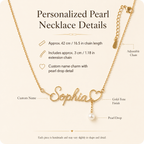 Personalized Pearl Name Necklace – Custom Gold-Tone Name Charm with Pearl Drop, detail infographic showing materials and...