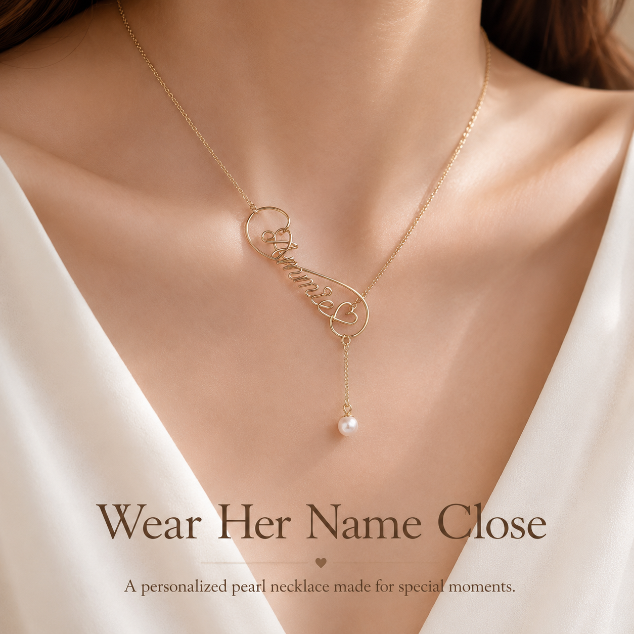 Personalized Pearl Name Necklace – Custom Gold-Tone Name Charm with Pearl Drop, shown worn for scale and styling