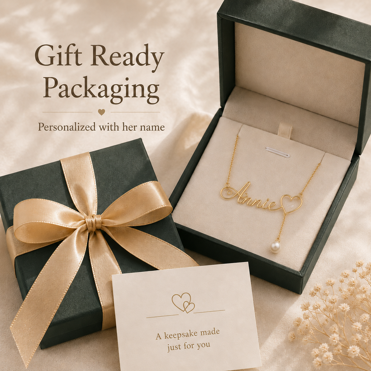 Personalized Pearl Name Necklace – Custom Gold-Tone Name Charm with Pearl Drop, presented with its gift box and accessories