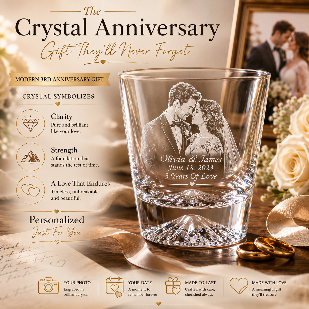 Personalized Photo Engraved Crystal Glass, styled product view