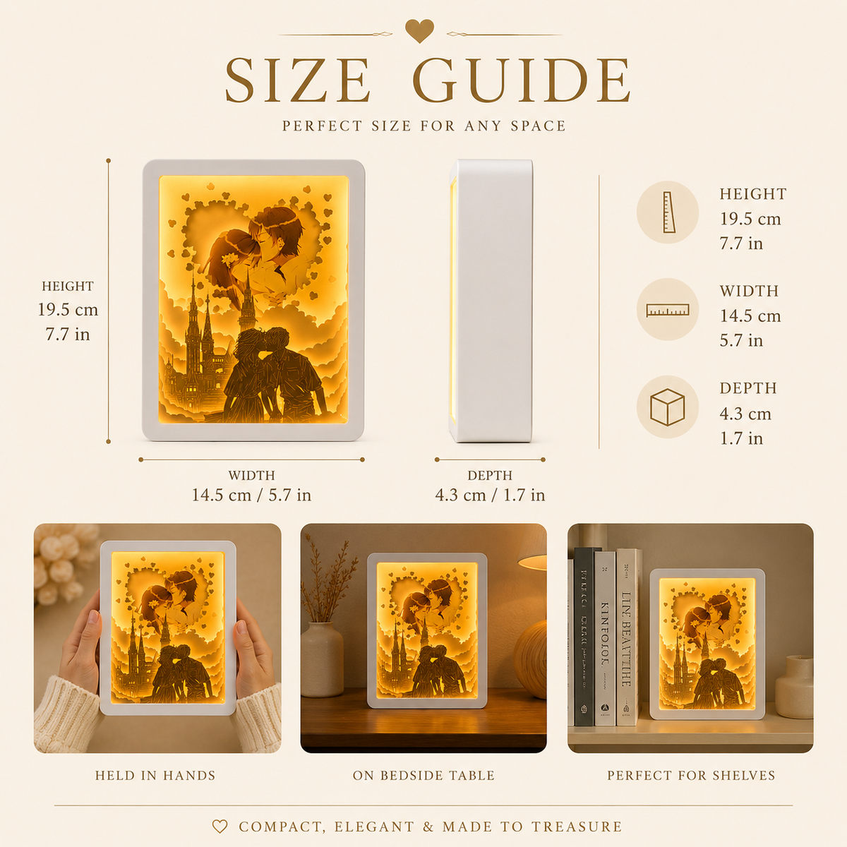 Close-up detail of multi-layered paper cut light box showing handcrafted paper sculpture depth with romantic couple