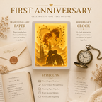First anniversary infographic showing traditional paper gift and modern clock symbol with personalized paper cut light