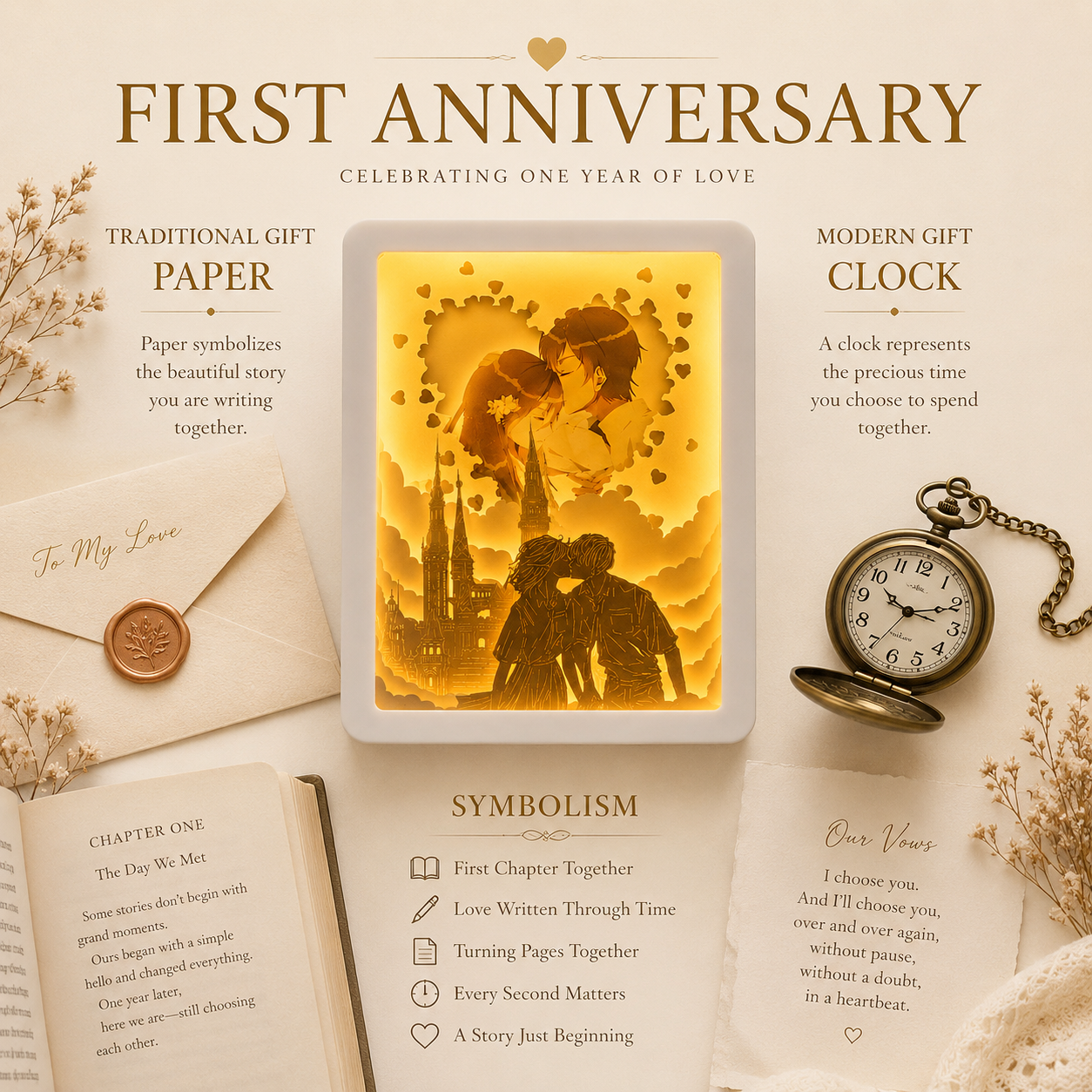 First anniversary infographic showing traditional paper gift and modern clock symbol with personalized paper cut light