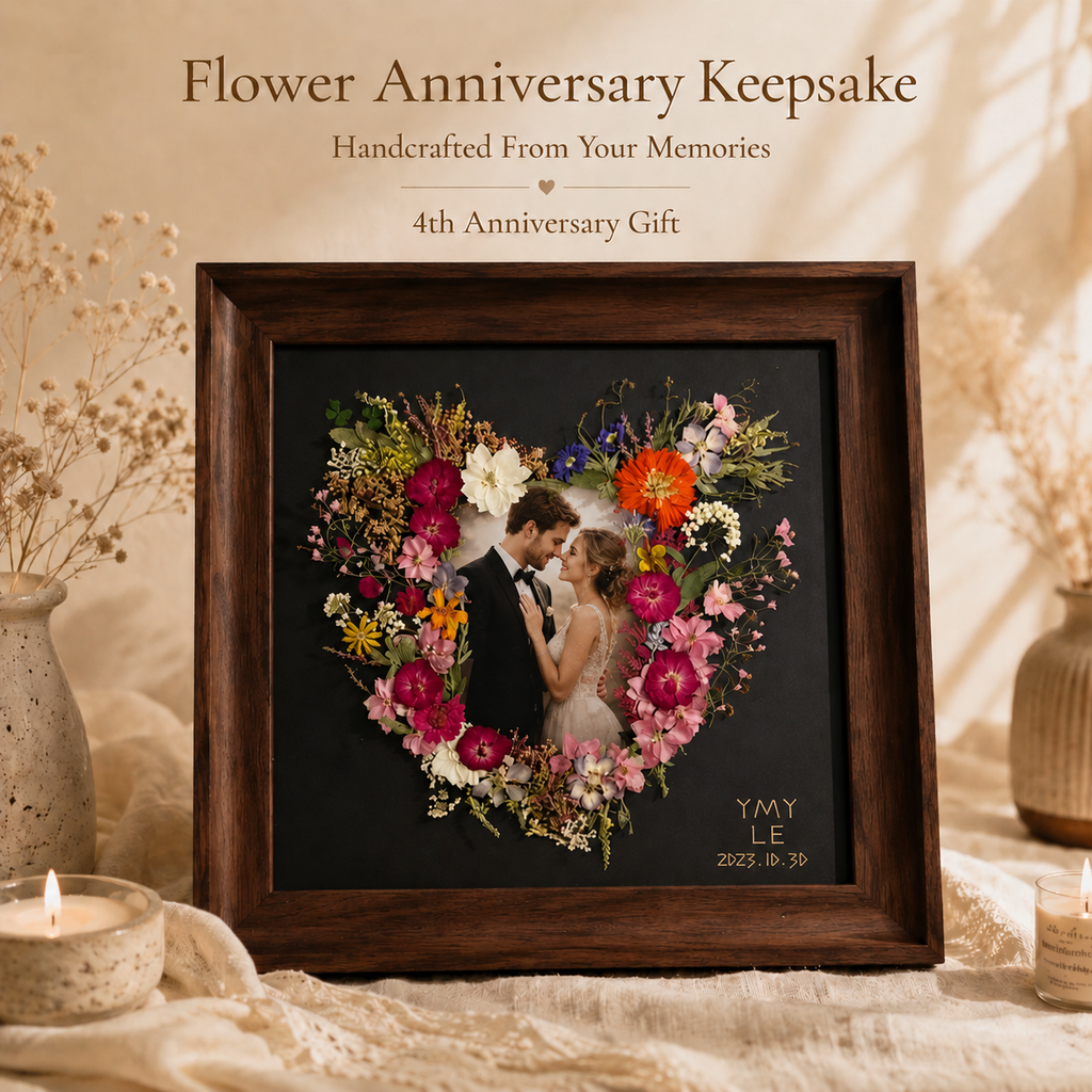 Personalized Pressed Flower Anniversary Frame – Custom Couple Photo Keepsake, displayed in a warm home interior