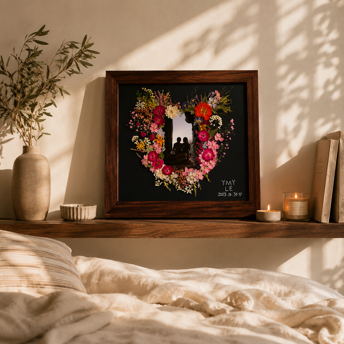 Personalized Pressed Flower Anniversary Frame – Custom Couple Photo Keepsake, displayed in a warm home interior