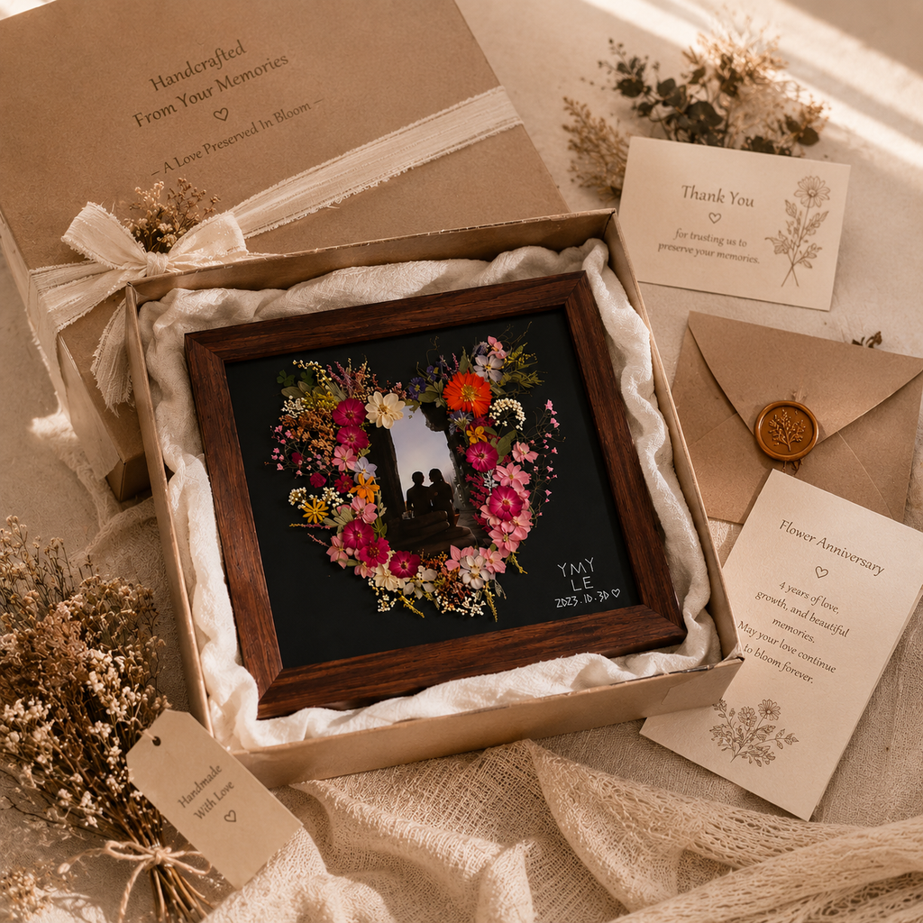 Personalized Pressed Flower Anniversary Frame – Custom Couple Photo Keepsake, detail infographic showing materials and...