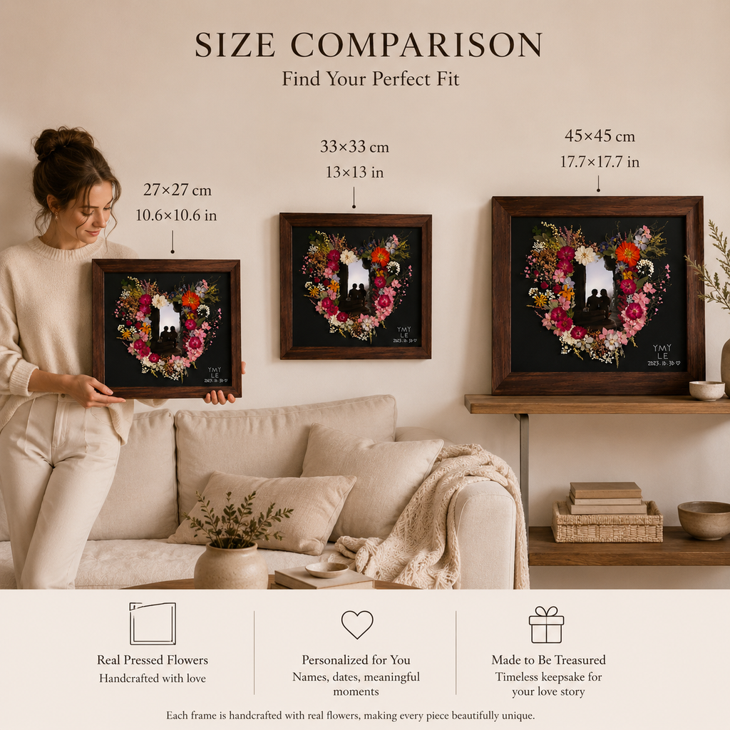 Personalized Pressed Flower Anniversary Frame – Custom Couple Photo Keepsake, size or variant comparison infographic