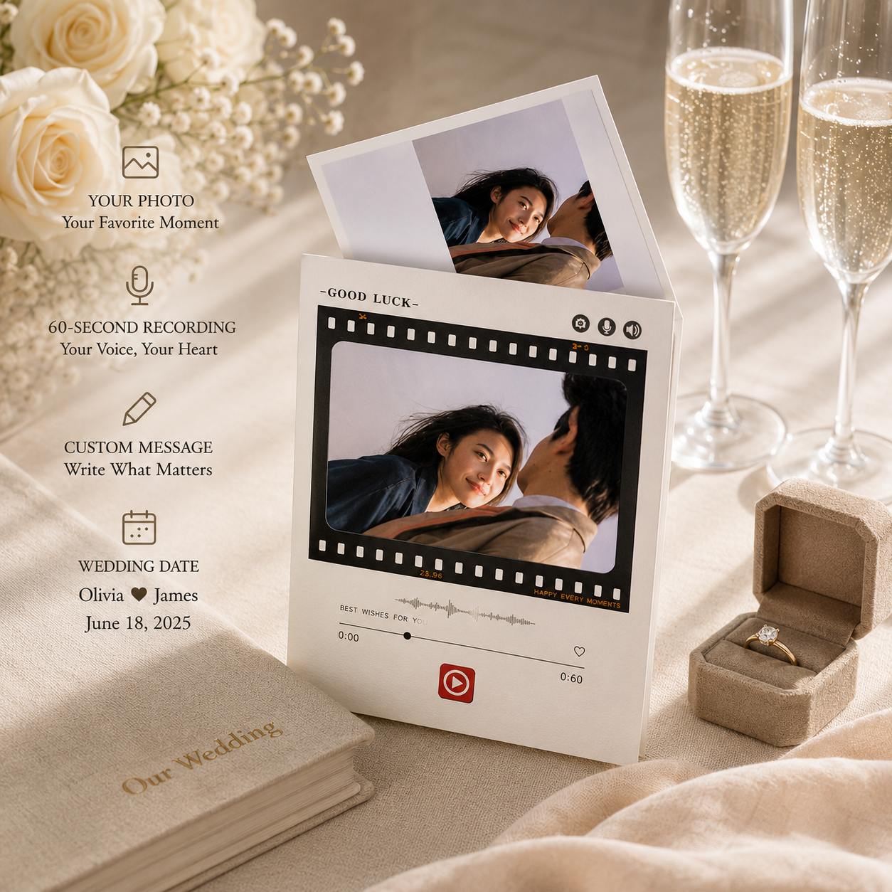 Personalized recordable anniversary film card open showing couple photo in film window with four icons Your Photo Your