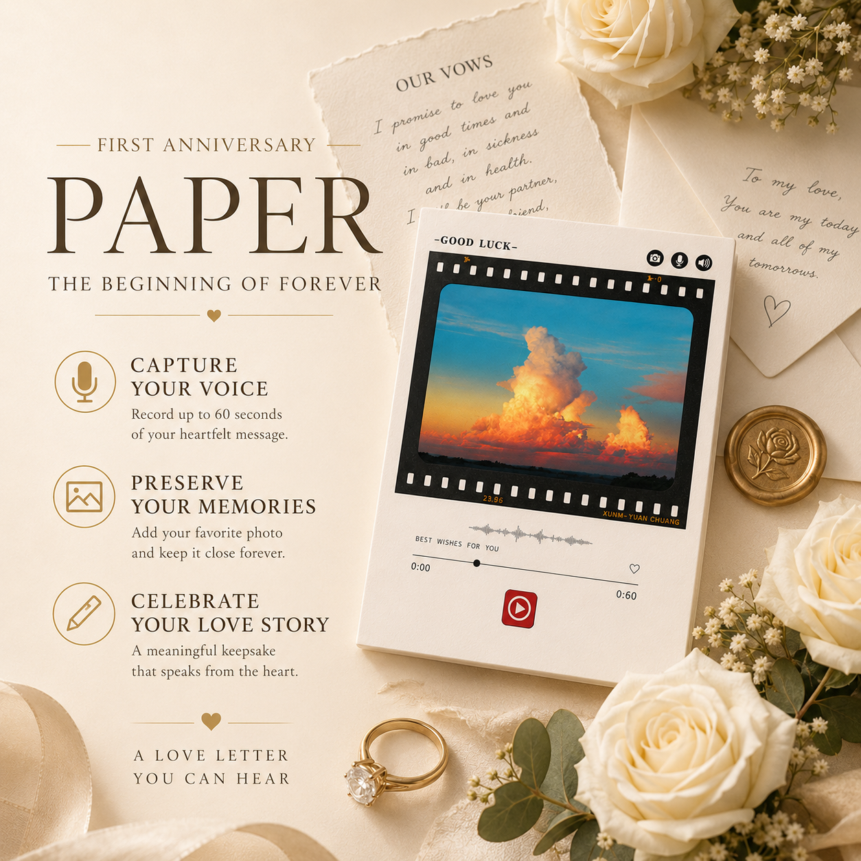First Anniversary Paper film card keepsake infographic showing retro film card with sunset photo beside Our Vows