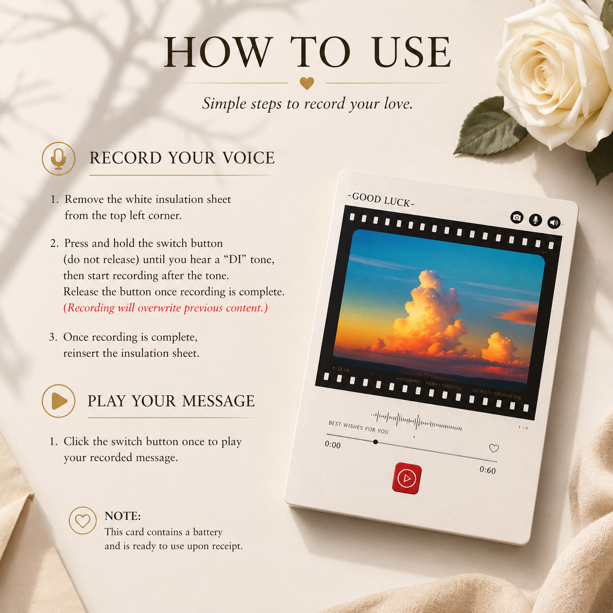 How To Use infographic for personalized recordable anniversary film card showing three steps to record your voice remove
